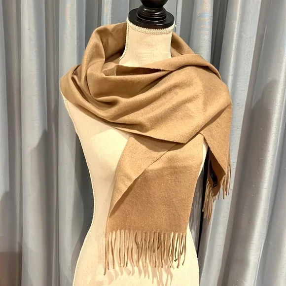 Club Room Luxurious 100% Cashmere Fringed Tan or Camel Colored Scarf 60" x 12" - Picture 2 of 9